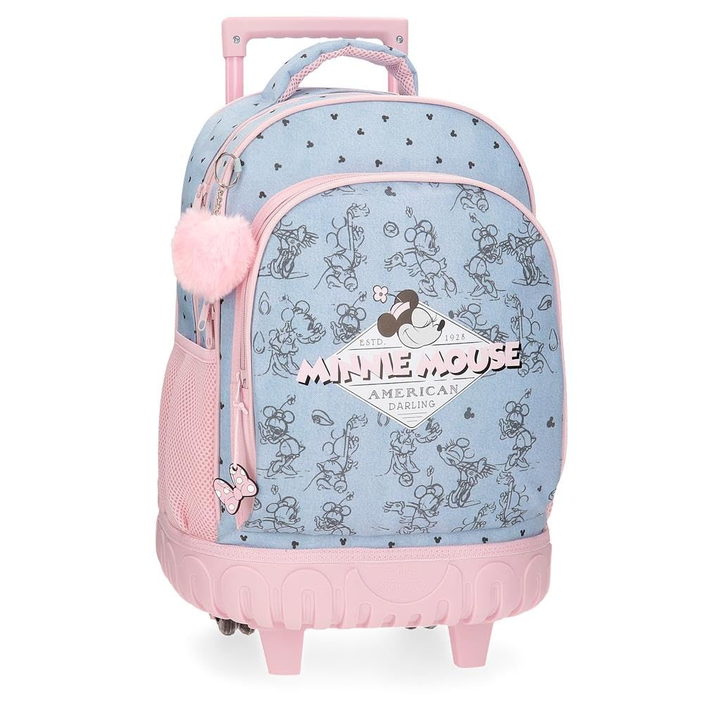 Disney Joumma Bags Minnie American Darling Mochila Infantil, Azul y Rosa, Fabricada en Poliéster, Tirantes Ajustables para llevarla cómodamente, Varios Compartimentos, con Llavero pompón Rosa