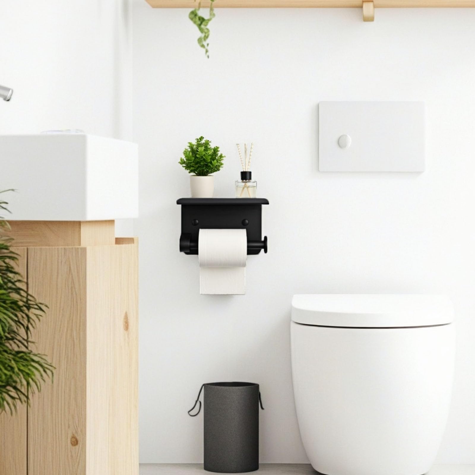 Black Toilet Paper Holder with Shelf - Rustproof Stainless Steel Wall Mount or Self Adhesive Bathroom Tissue Roll Holder - Fits Mega Rolls, for Bathroom, Washroom, Kitchen & RV Decor — Amazon image 8