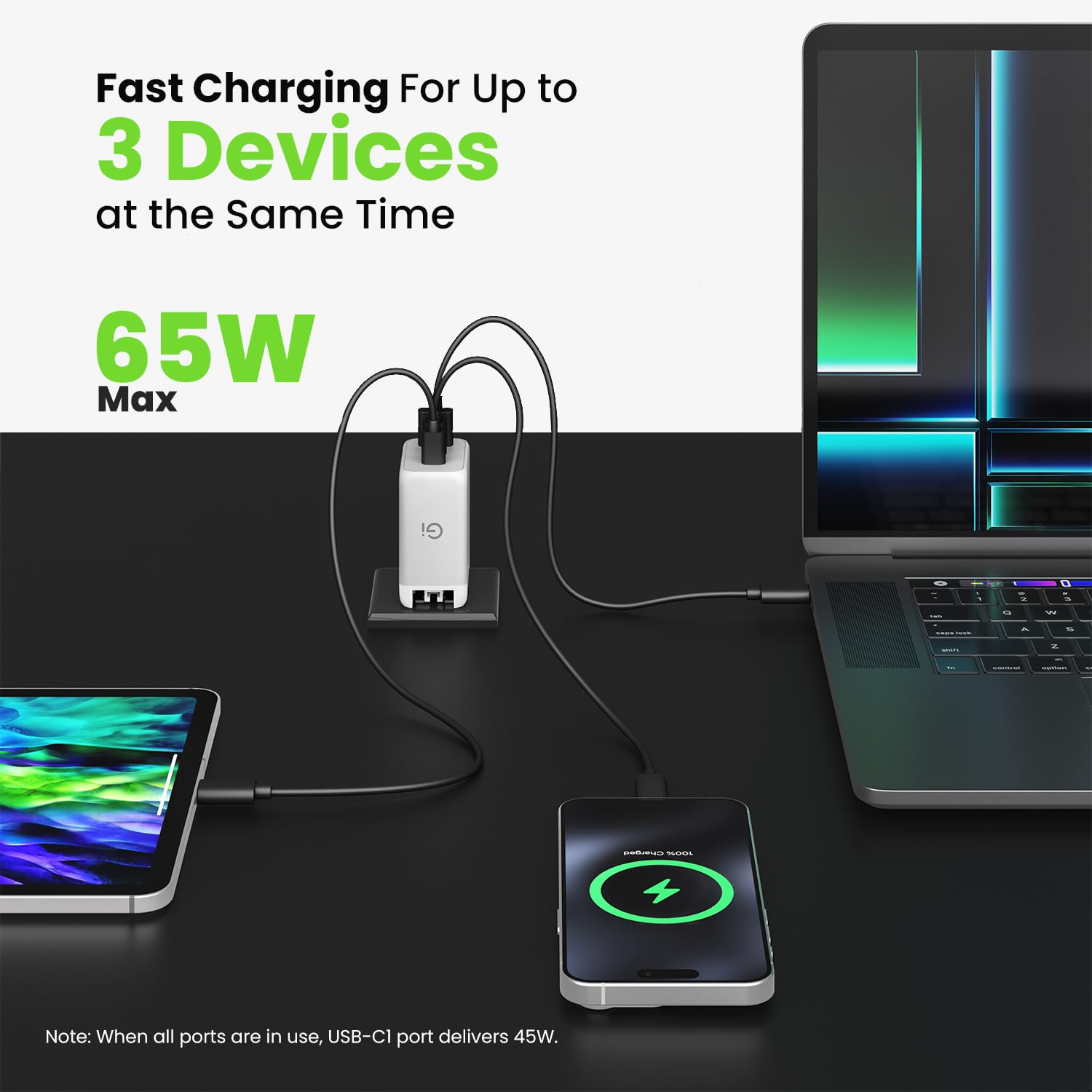 GEARit 65W USB C Charger, Fast Charging 3-Port GaN Wall Charger with PD 3.0 & PPS (White)