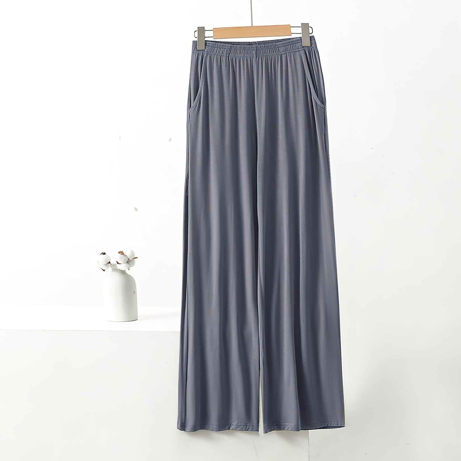 Mujer Tallas Grandes Pantalones Pijama de Pata Ancha Elástico Ligero Pantalones Largos Casual con Bolsillos (S-5XL)