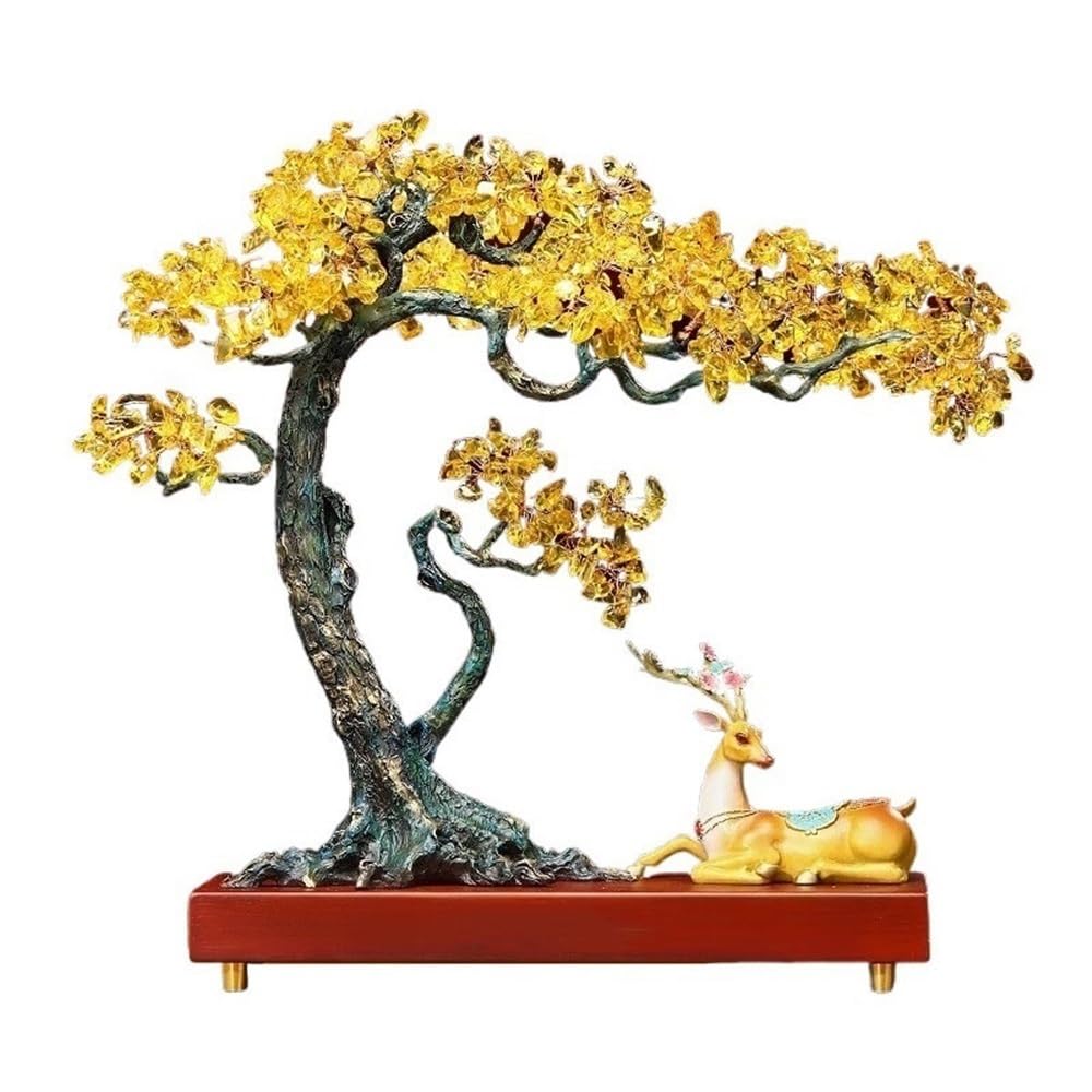 HCZKIUJY Luck and Wealth Crystal Tree Fortune Copper Deer Ornament Crystal Tree, Living Room Desk Attracting Wealth Decoration Chakra Money Tree