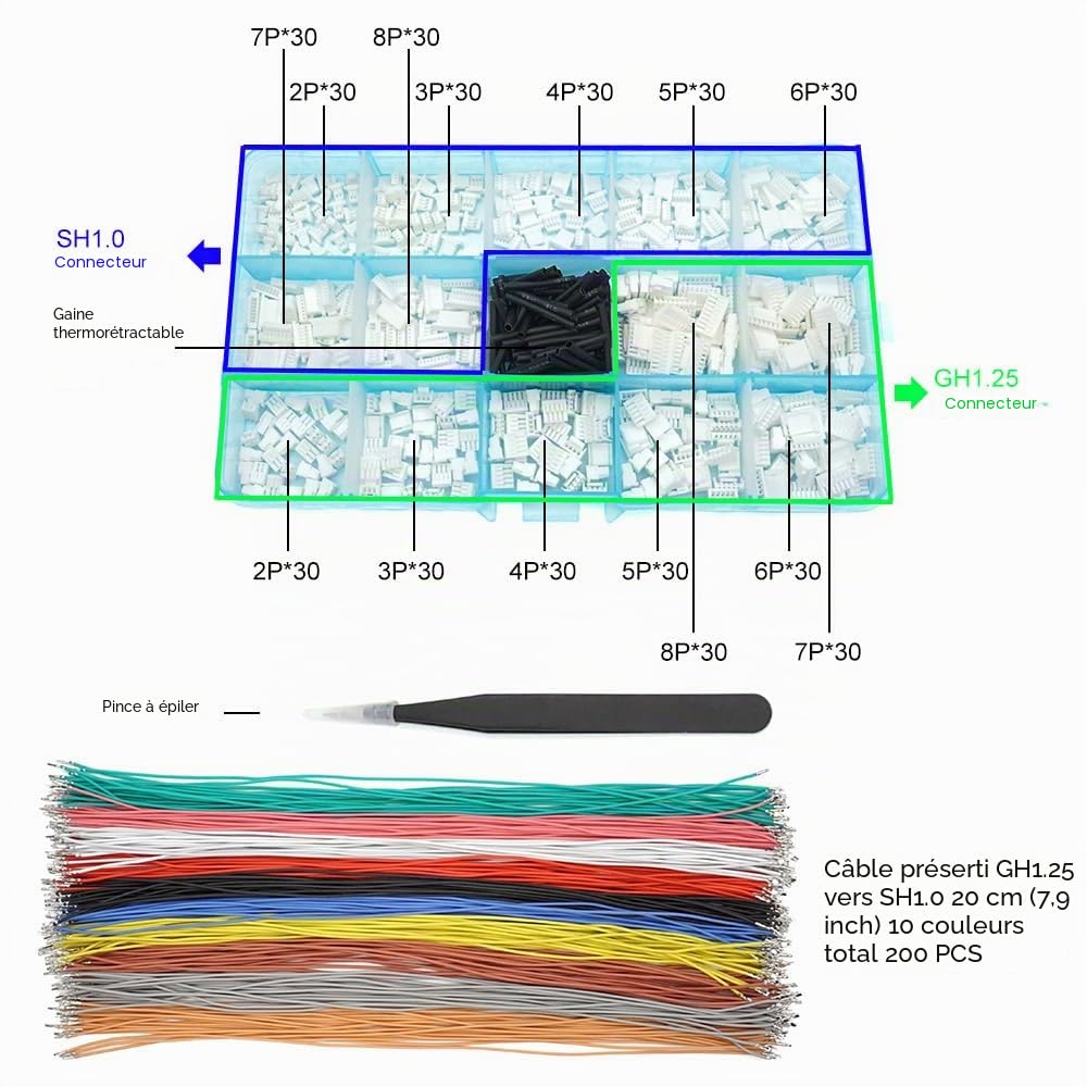 Kit de câbles et connecteurs pré-sertis GH1.25 à SH1.0 compatible avec JST GH 1,25 mm et JST SH 1,0 mm pour Pixhawk Cube 6C 6X Pixhawk4