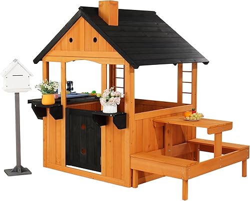 Miniatura 8 de JOYMOR Casa de juegos al aire libre para niños con juguetes para fregadero, mesa de picnic, buzón, espaciosa casa de juegos de madera para patio