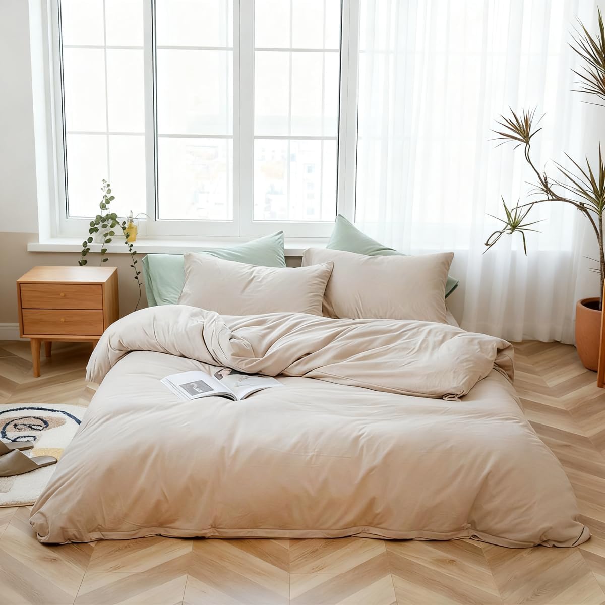 AOJIM Sage Green Duvet Cover King – 100% Washed Cotton, Solid Color, 3-Piece Breathable Bedding Set Including 1 Light Green King Comforter Cover + 2 Pillowcases for All Seasons (No Comforter)