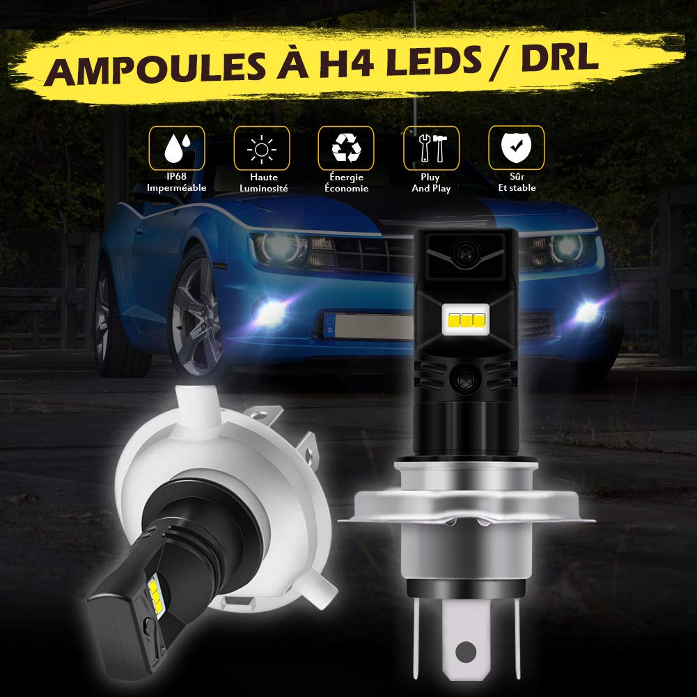 KATUR H4 9003 HB2 Ampoule LED antibrouillard 1600 lumens Max 80W puces CSP 6500K Phare antibrouillard Blanc ou feu diurne DRL - Garantie de 3 Ans
