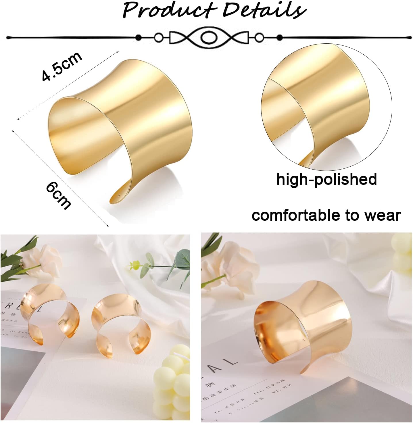 SAMOCO 2Pcs Cuff Bangle Bracelet for Women Cuff Bracelets Open Wide Wire Bracelets Adjustable Tone Wrist Cuff Wrap Bracelet - Image 4