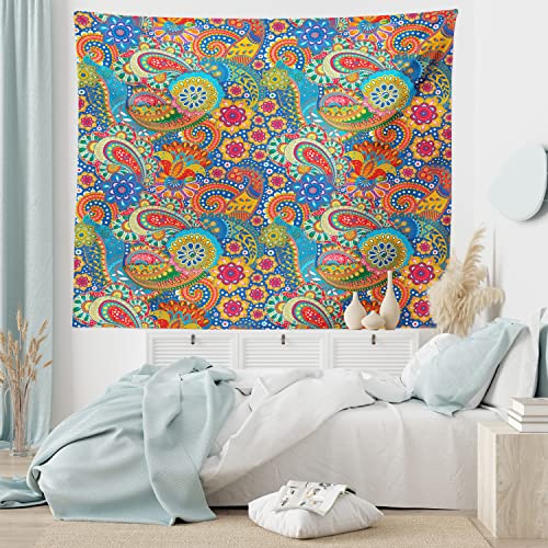 Ambesonne East Tapestry, Colorful Paisley Floral Pattern Classical Ornamental Medieval Art, Wall Hanging For Bedroom Living Room Dorm Decor, 60" X 80", Blue Yellow #TOP4