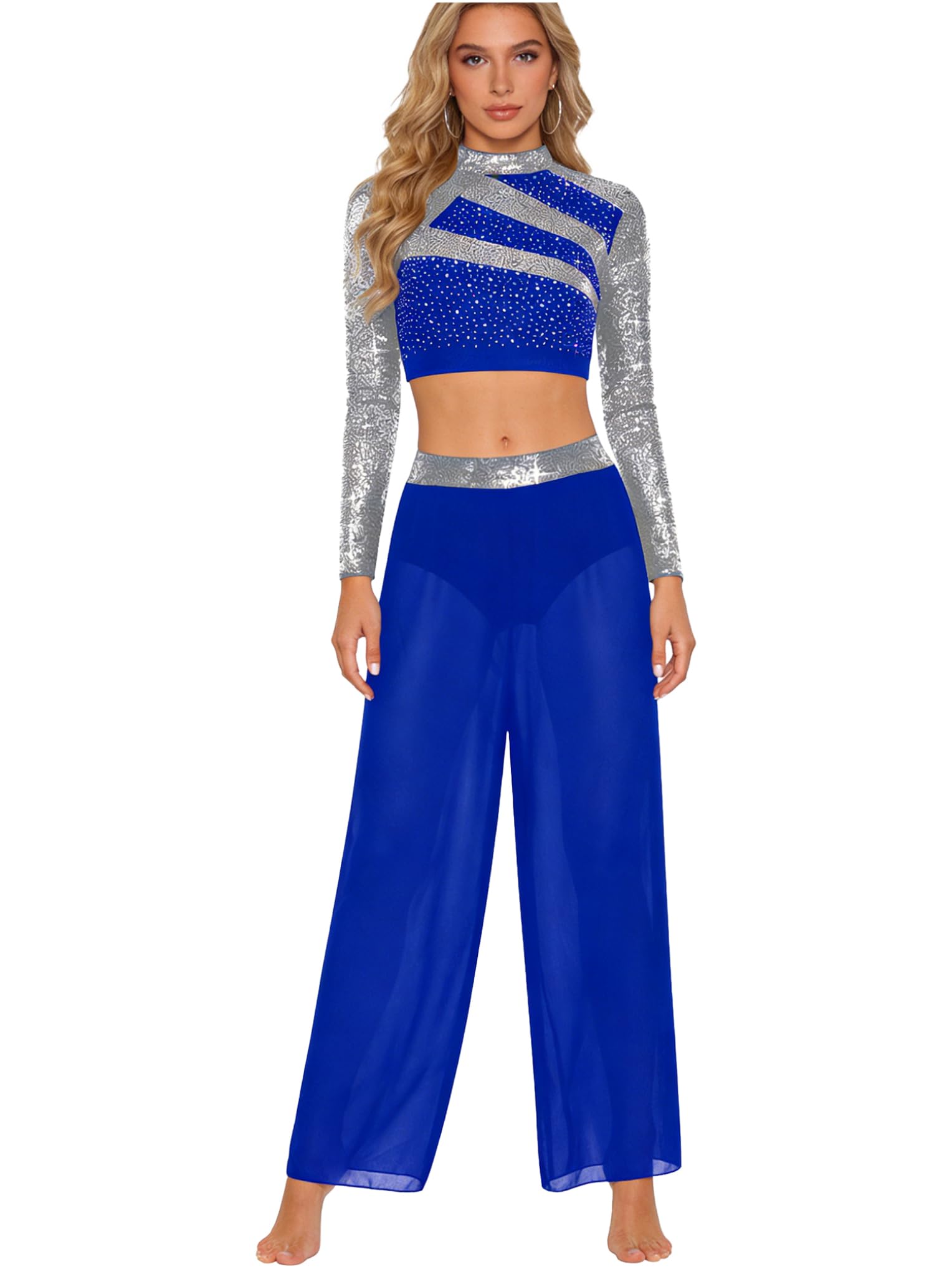 Femme Robe Danse Lyrique Contemporaine Latin Dance Costume Crop Top Pantalon Large Combinaison Gymnastique Rythmique avec Strass Paillettes Tenue Patinage Artistique