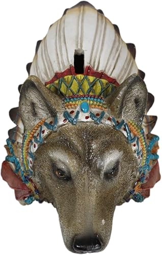Miniatura 3 de Ebros Gift Wildlife Animal Spirit Rustic Grey Alpha Wolf con colorido tocado de jefe indio de cerdito, moneda, banco de dinero, figura de tarro