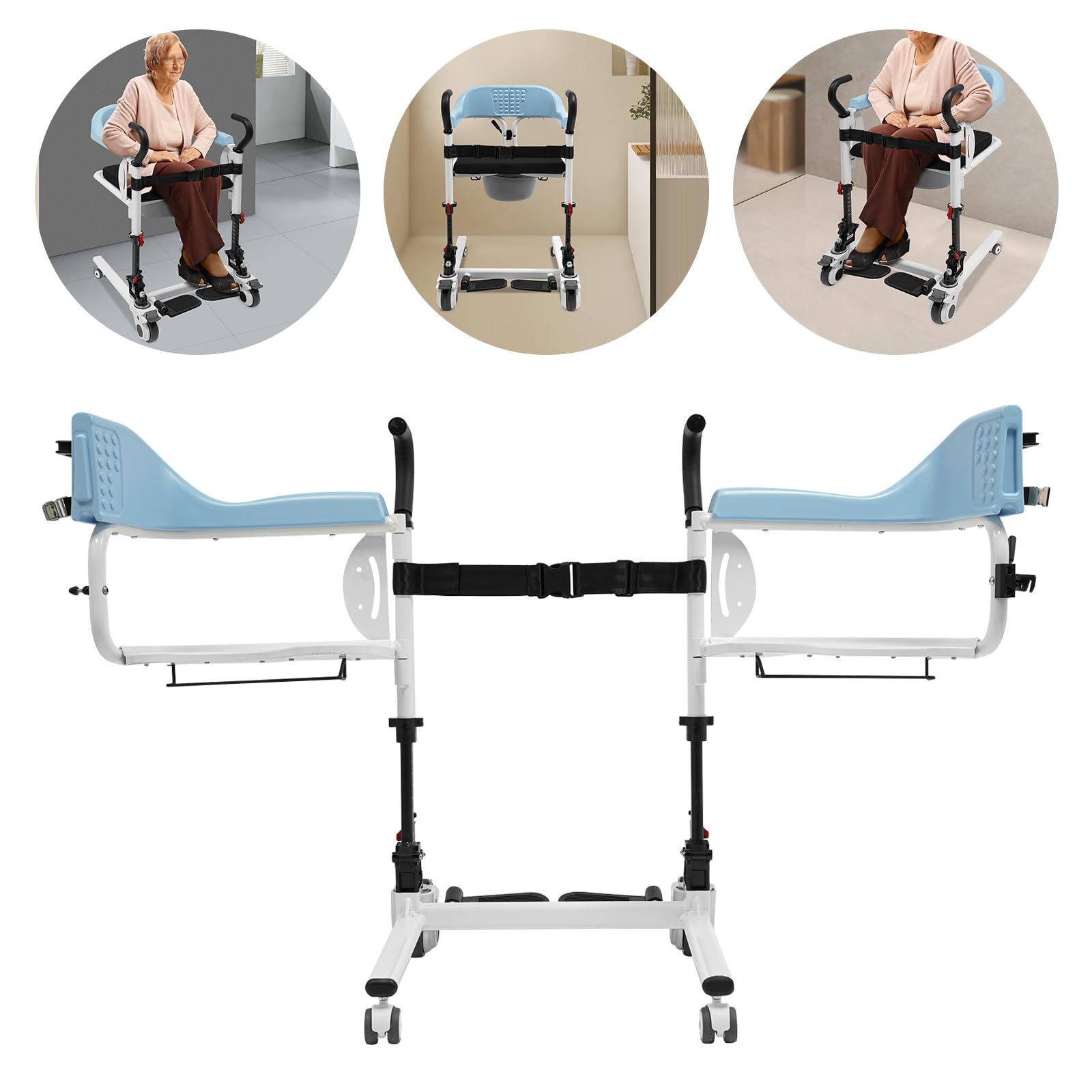 Transportador de pacientes con asiento dividido de 180° y ruedas para hospitales, residencias de ancianos, centros de rehabilitación, 55 x 60 cm