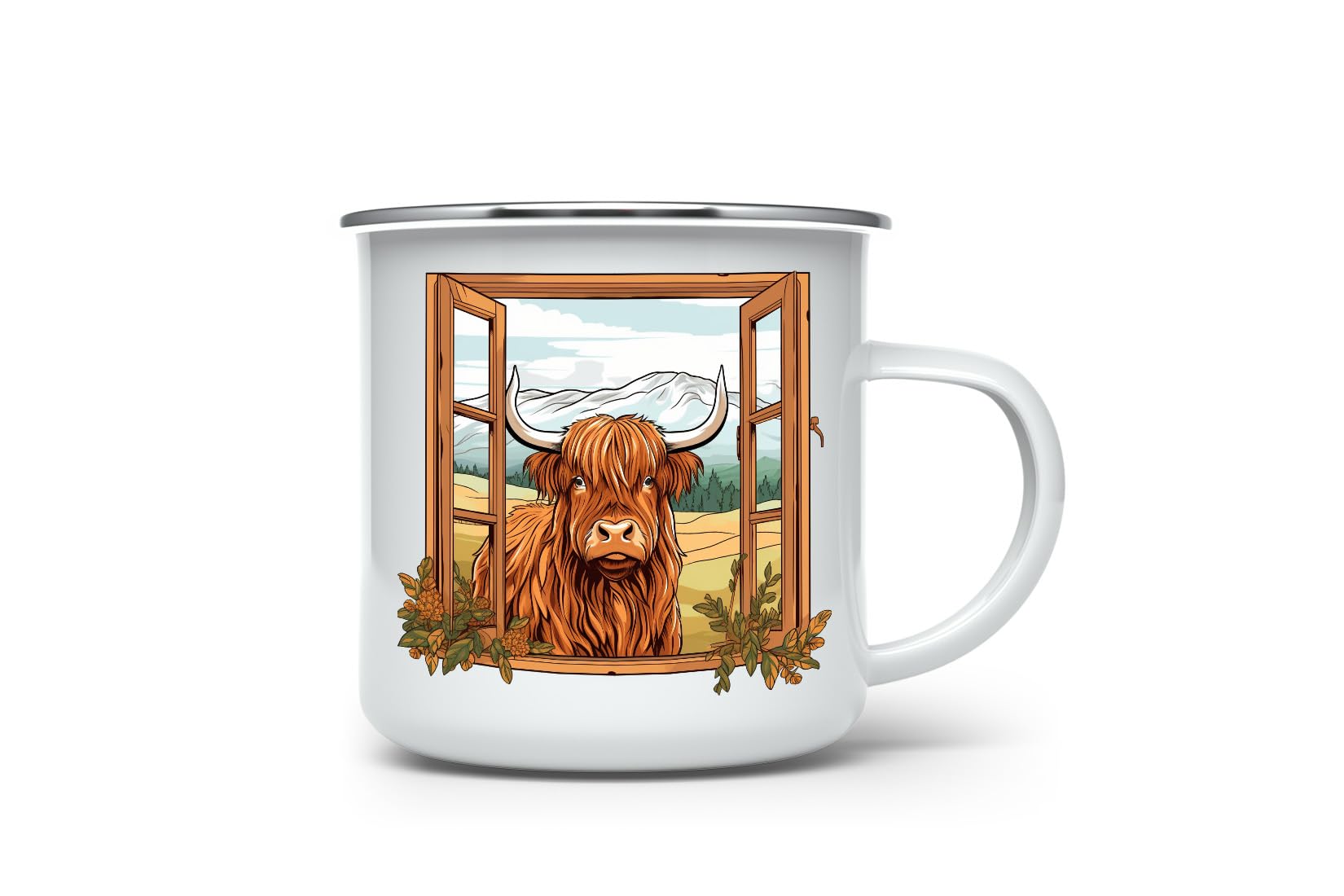 MAXIKIWI - Durable Enamel Coffee or Tea Camping Mug for Indoor Outdoor Use - Funny Highland Cow Outside The - 350ml