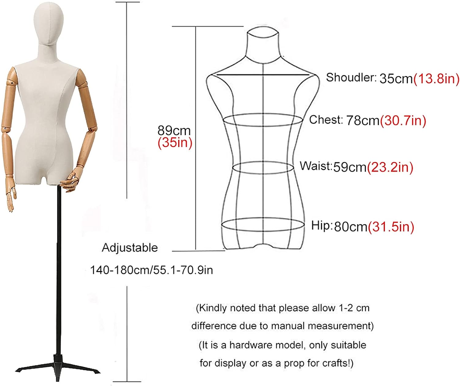 Female Dress Form with Wood Arms & Metal Tripod Stand & Cloth Head,Adjustable Height Mannequin Torso Body for Women's Clothing Display,Black,Gold