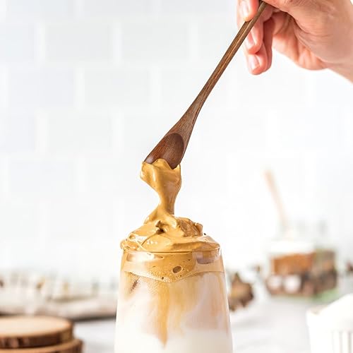 Vista 27 de Operitacx 6 cucharas de madera para mezclar, mango largo, marrón, rústico, cucharas de café y té