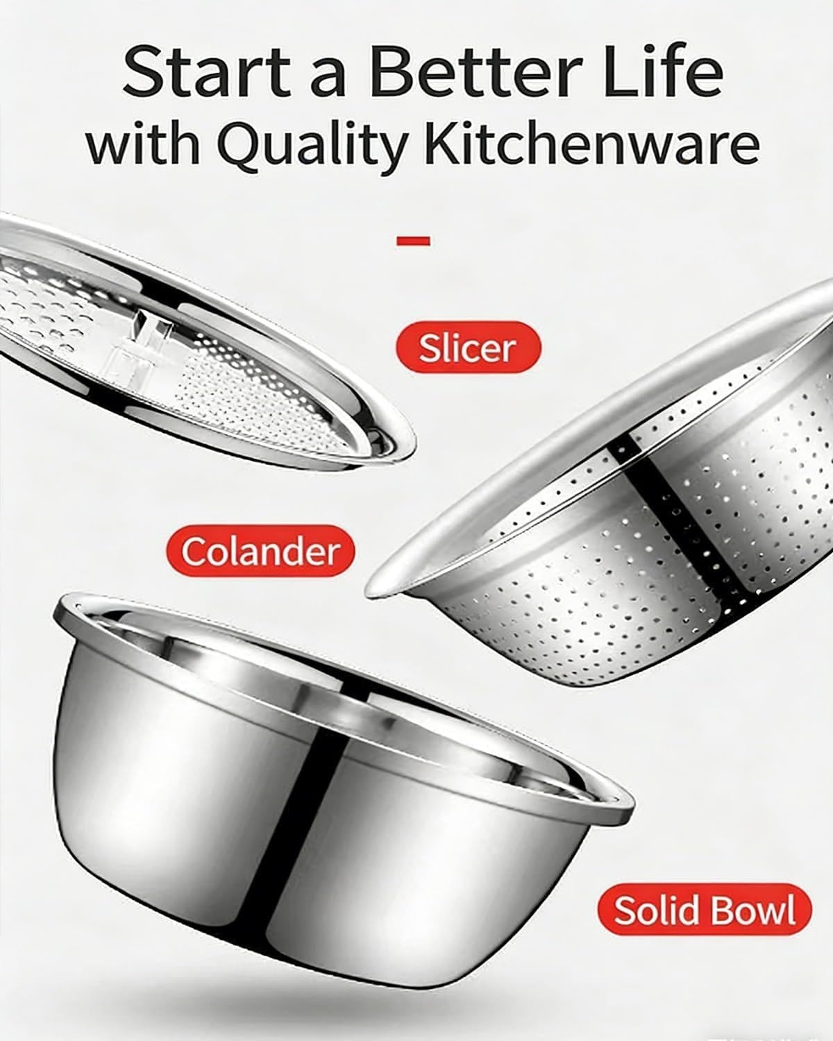 Germany Multifunctional Stainless Steel Basin, 5 in 1 Shredding and Drainage Shredder Chopping Bowl, 3 Piece Grater Strainer and Mixing Bowl, Vegetables Fruits Drain Basket, Colander Food(10.2IN)