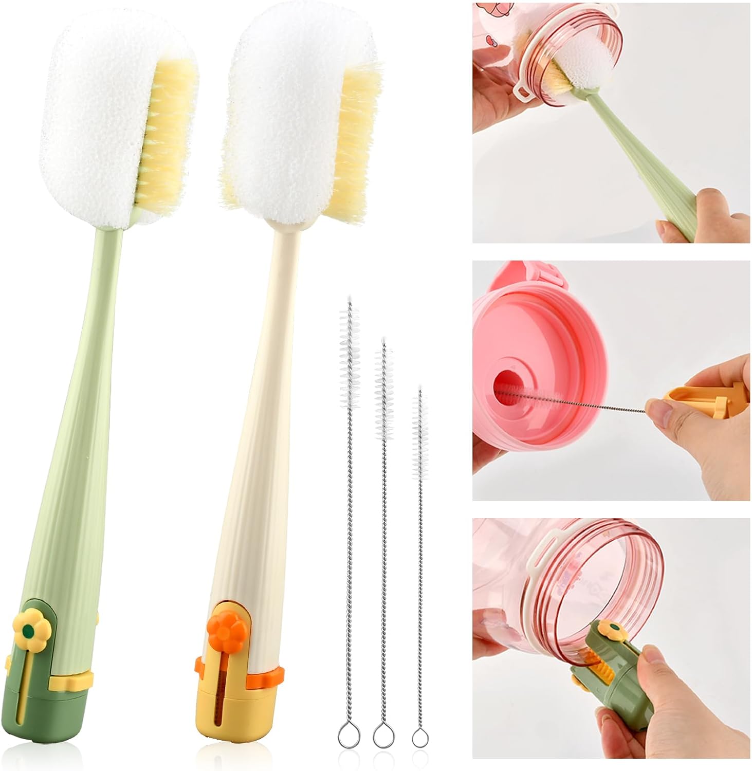 5 in 1 Bottle Cleaning Brush Set Multifunctional Water Bottle Brush and Straw Cleaner Brushs Portable Long Handle Bottles Scrubber for Cup Lids(Color:Green)