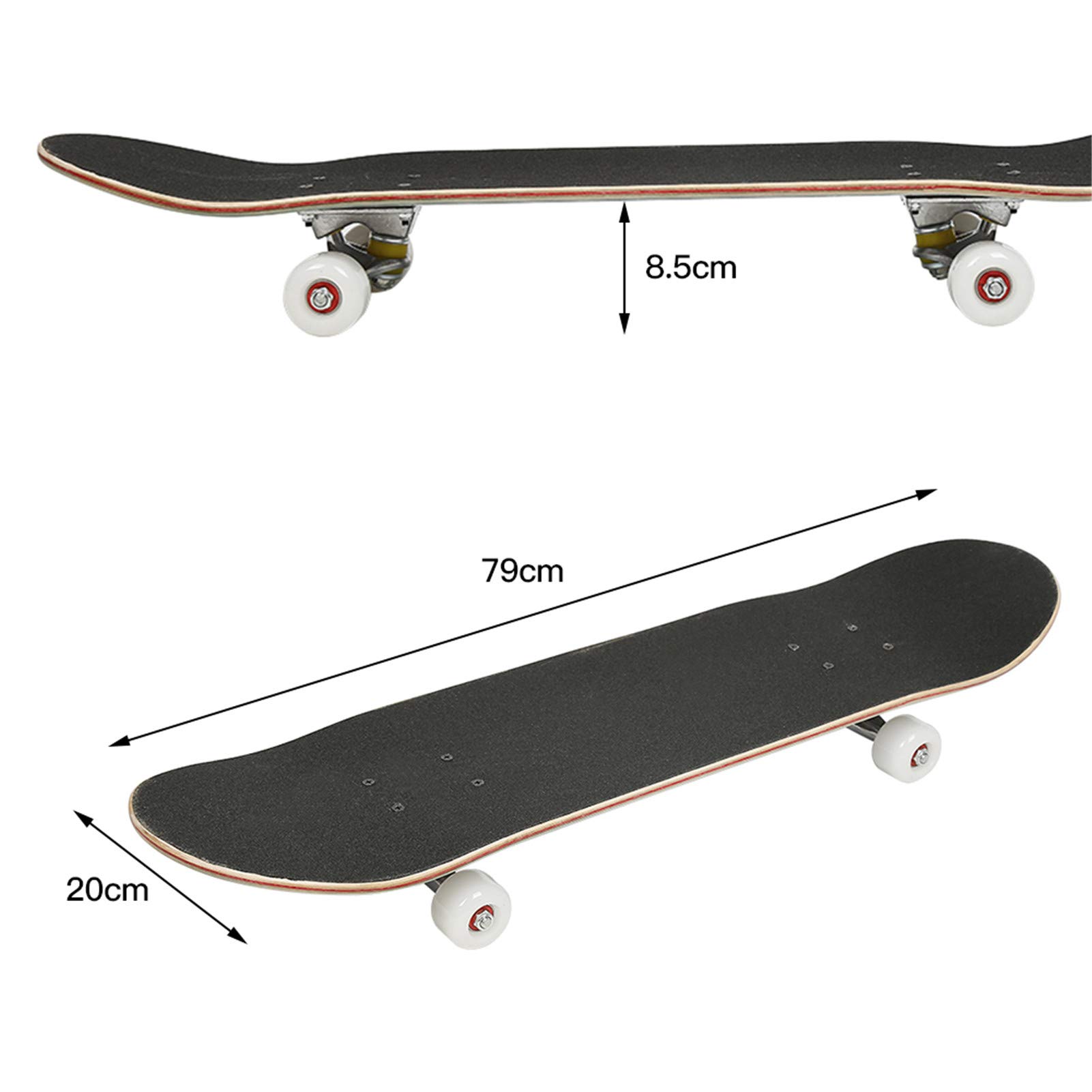 Skateboard Komplettboard Ahorn Holz für Kinder, Jugendliche und Erwachsene, mit ABEC-7 Kugellagern, Tragfähigkeit: 250 kg (Schwarz)