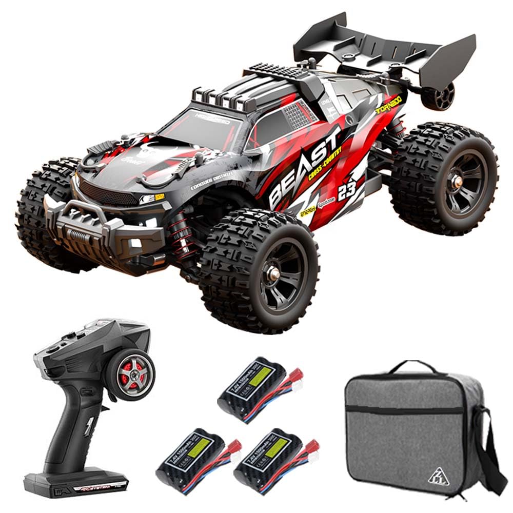 Coche teledirigido para adultos, 60 km/h, 1/18 4 WD Off Road Race Buggy con bolsa de transporte, motor sin escobillas RC de alta velocidad Offroad Drift Carreras, 3 pilas (rojo)