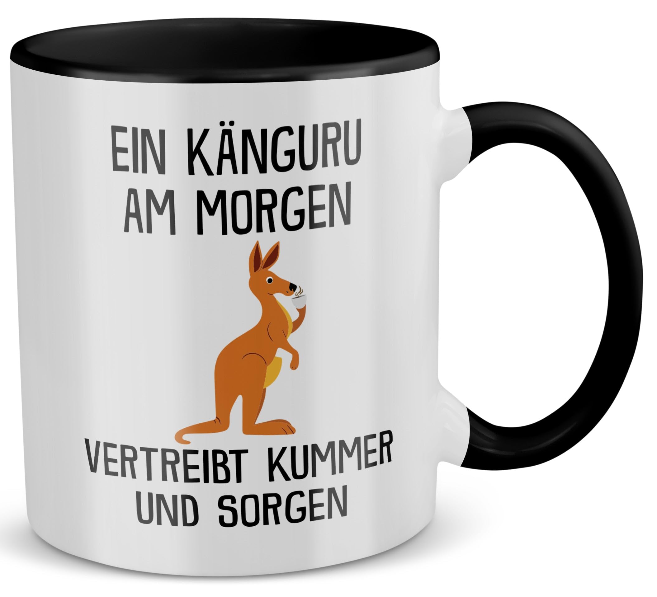 Känguru Spruch-Tasse „Ein Känguru Am Morgen…“ – 320 Ml Keramik – Zweifarbig Weiß-schwarz – Spülmaschinenfest