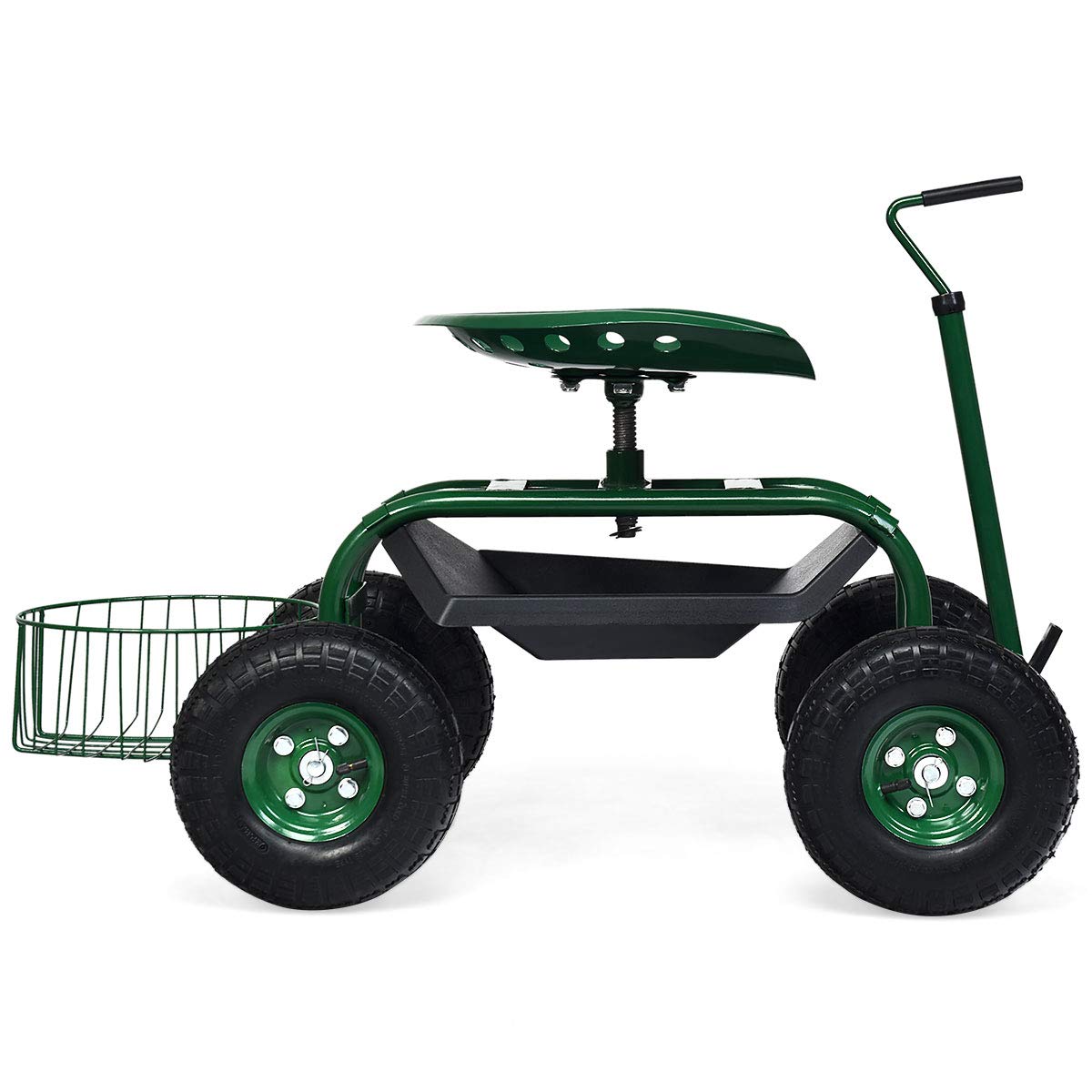 COSTWAY Rollsitz mit Rollen, Gartenwagen mit ausziehbarem Griff & Korb, 360 ° drehbar | höhenverstellbar| bis 150kg, fahrbarer Gartensitz, Gartenrollsitz für Gartenarbeit, Grün (96,5x47,5x47-55cm)