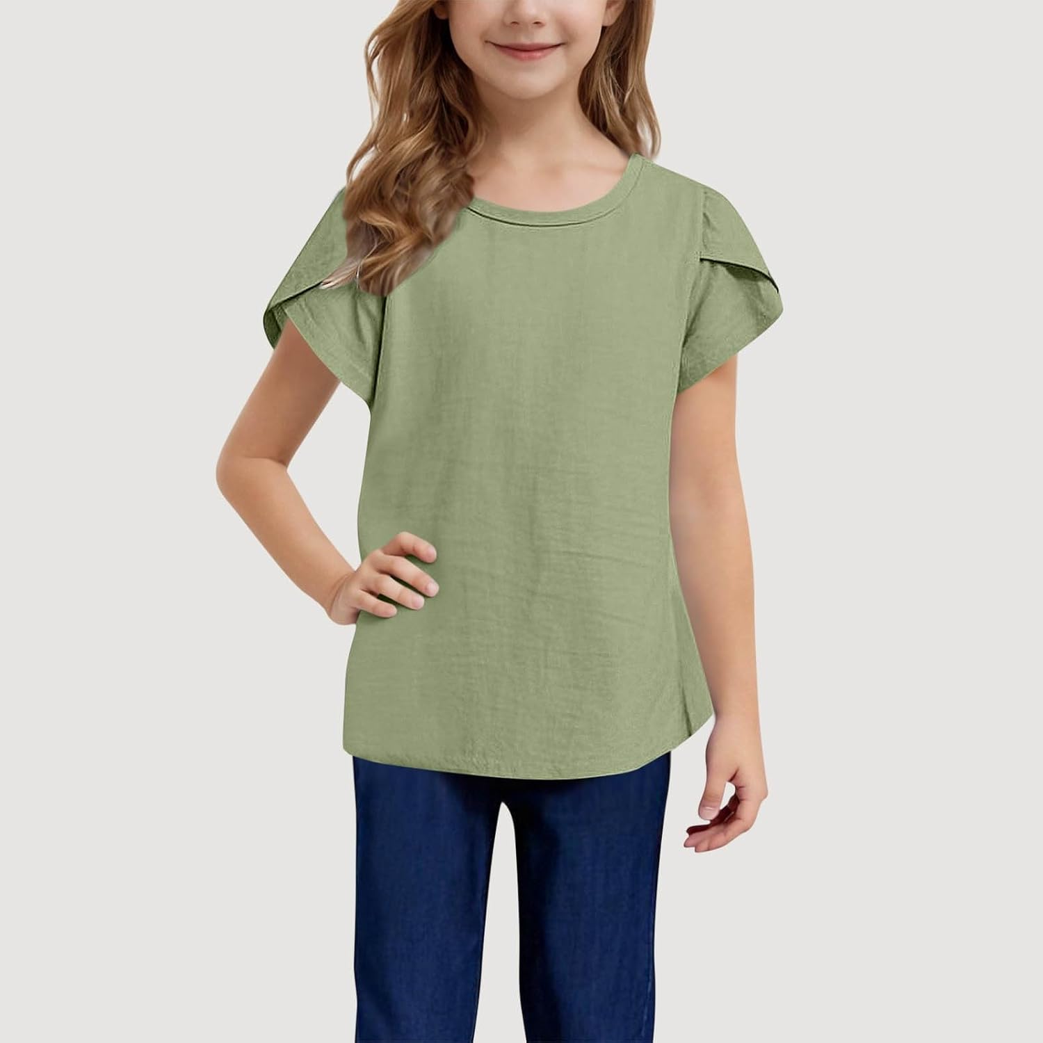 Girls Cotton Linen Blouse Ruffle Sleeve T-Shirt Cute Crewneck Tees Tween Girls Solid Oversized Tops Casual Loose T-Shirt