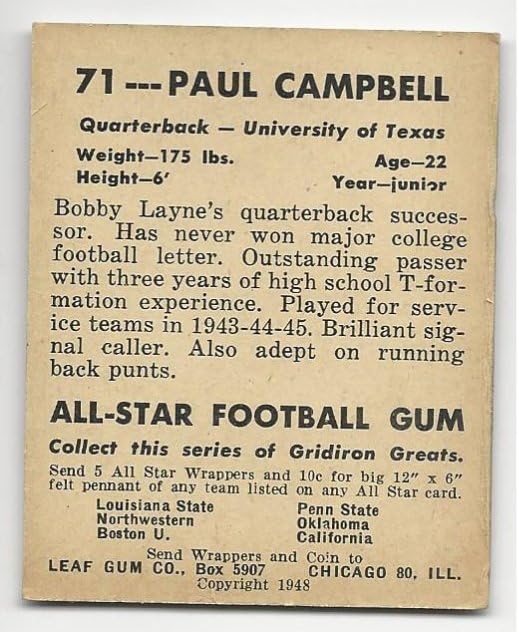 Football NFL 1948 Leaf #71 Paul Campbell G