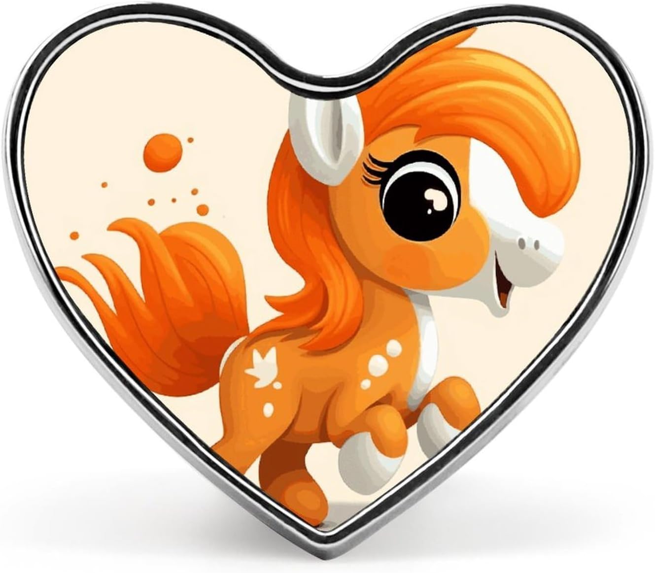 Cute Orange Pony Badges Heart with Button Design, Personalized Picture Pin Brooches, Heart Badge Holders for Decorate Hat Shirt Clothing Bag Accessories