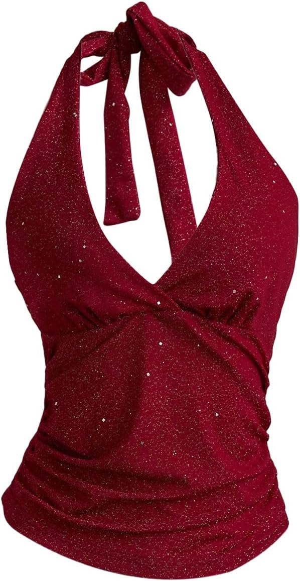 MakeMeChic Women's Sparkly Halter Tops Y2k Backless Deep V Neck Rave Crop Tops