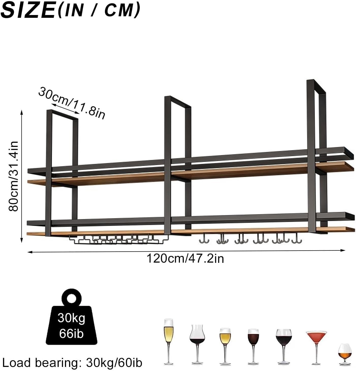 Ceiling Shelf - 2 Tier Ceiling Hanging Wine Glass Holder, Kitchen Hanging Storage Rack, Wall Mounted Solid Wood Wine Glass Holder With Guard Rails, For Kitchen/LOFT/Bar(120*30*80cm(47*12*31 IN))