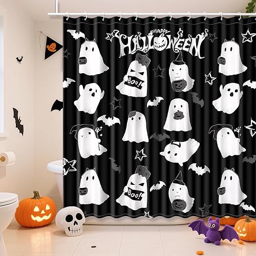 Halloween Ghost Shower Curtain Spooky Cute Funny Ghosts Shower Curtain for Bathroom Black Trick or Treat Home Bathtubs Bathroom Decor Minimalist Art