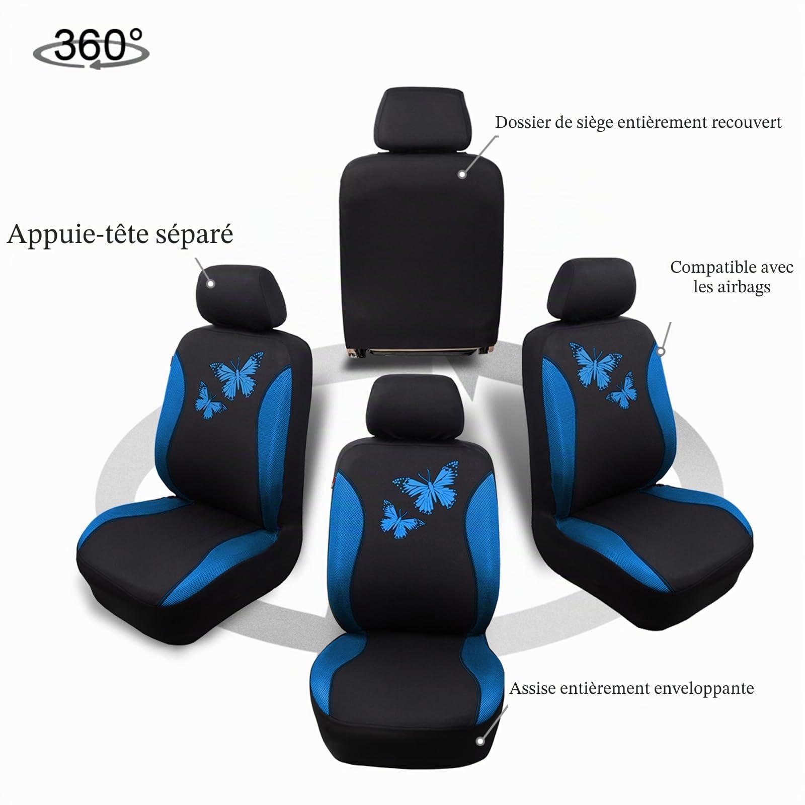 Flying Banner Housse de siège Auto en Maille Respirante, Motif Papillon coloré, Compatible avec Les airbags (Ensemble Complet, Bleu)