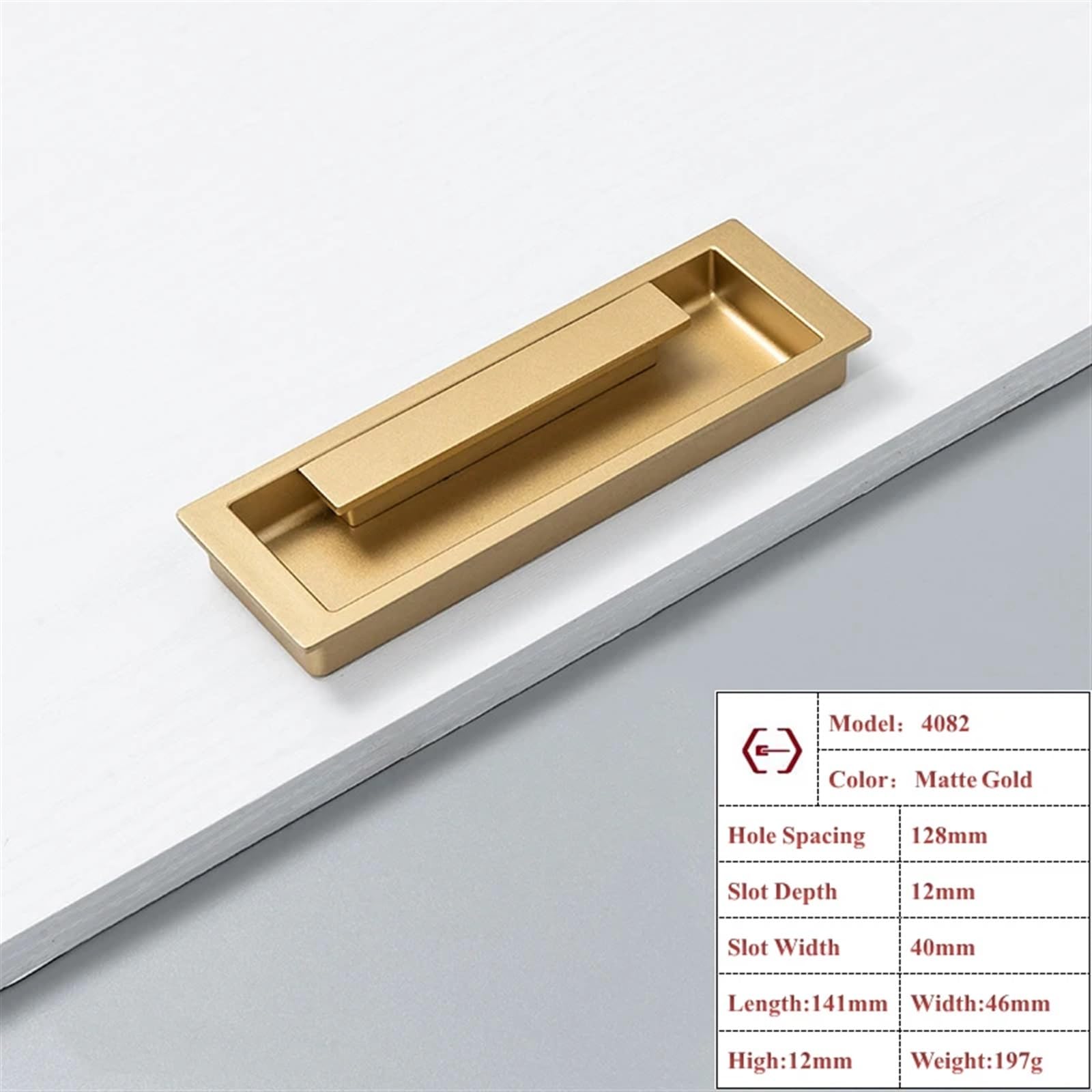 DFLPBHAV Embedded Sliding Door Handle Zinc Alloy Barn Drawer Cupboard Wardrobe Kitchen Cabinet Handle Flush Pull 1Pcs(Matte Gold 128mm)