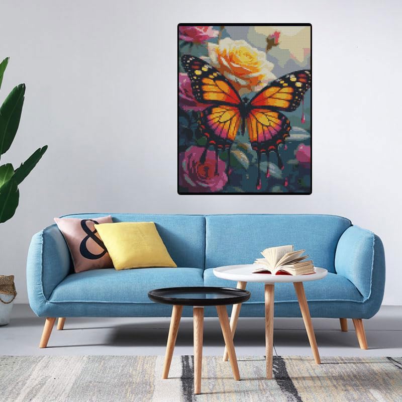 Image of Butterfly & Flower Stamped Cross Stitch Kit, Embroidery 11.8x15.7in | Flowers 11CT Needlepoint Counted Cross Stitch Kits for Beginner, Printed Embroidery Kit Art Craft for Home Wall Decor