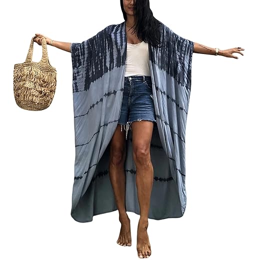 Women's Long Beach Kimono Cardigan Open Front Bikini Swimsuit Belted Long Sleeve Loose Bikini Cover Up Tie Dye Retro Tropical Bath Robe