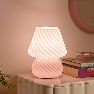 ONEWISH Mushroom Lamp-Small Bedside Table Lamp with Striped Glass, Night...