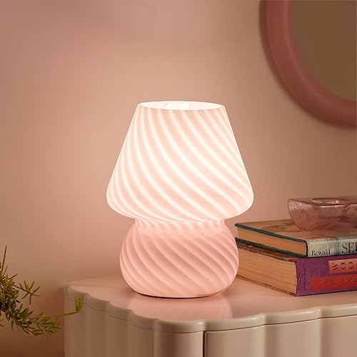 Miniatura 8 de ONEWISH Lámpara de hongo, pequeña lámpara de mesita de noche con vidrio a rayas, luz nocturna para dormitorio, sala de estar, bombilla de 3000 K de