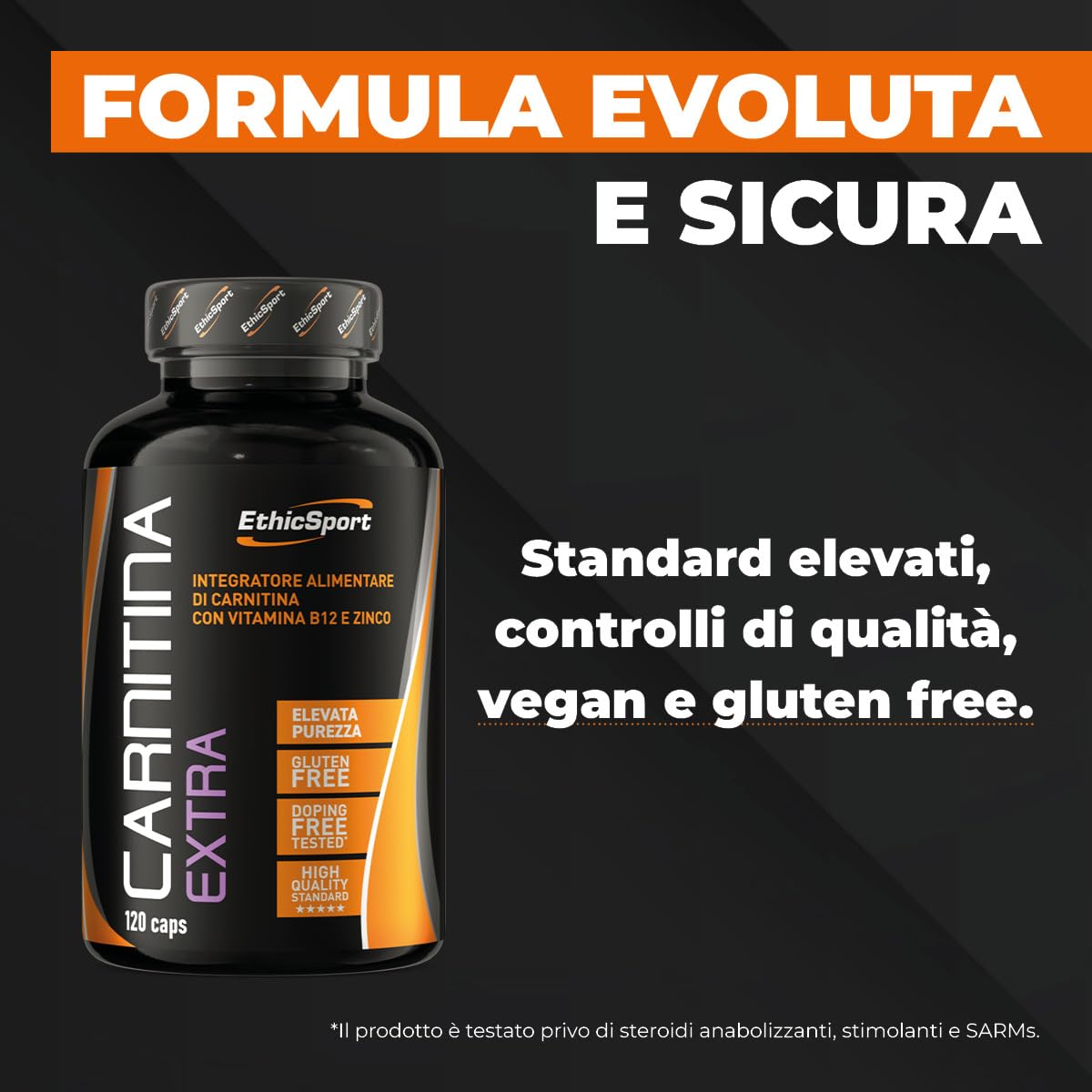 EthicSport Carnitina Extra – Integratore di L-Carnitina con Zinco e Vitamina B12 – Supporto al metabolismo energetico e degli acidi grassi – 120 capsule