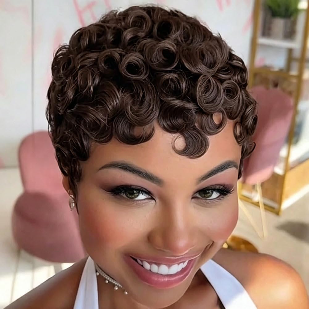 MOONSHOW Short Pixie Cut Wigs for Black Women Brown Pixie Cut Wig Brown Short Curly Wigs for Black Women Synthetic Pixie Wig for Women Lightweight Short Curly Wig for Daily Use