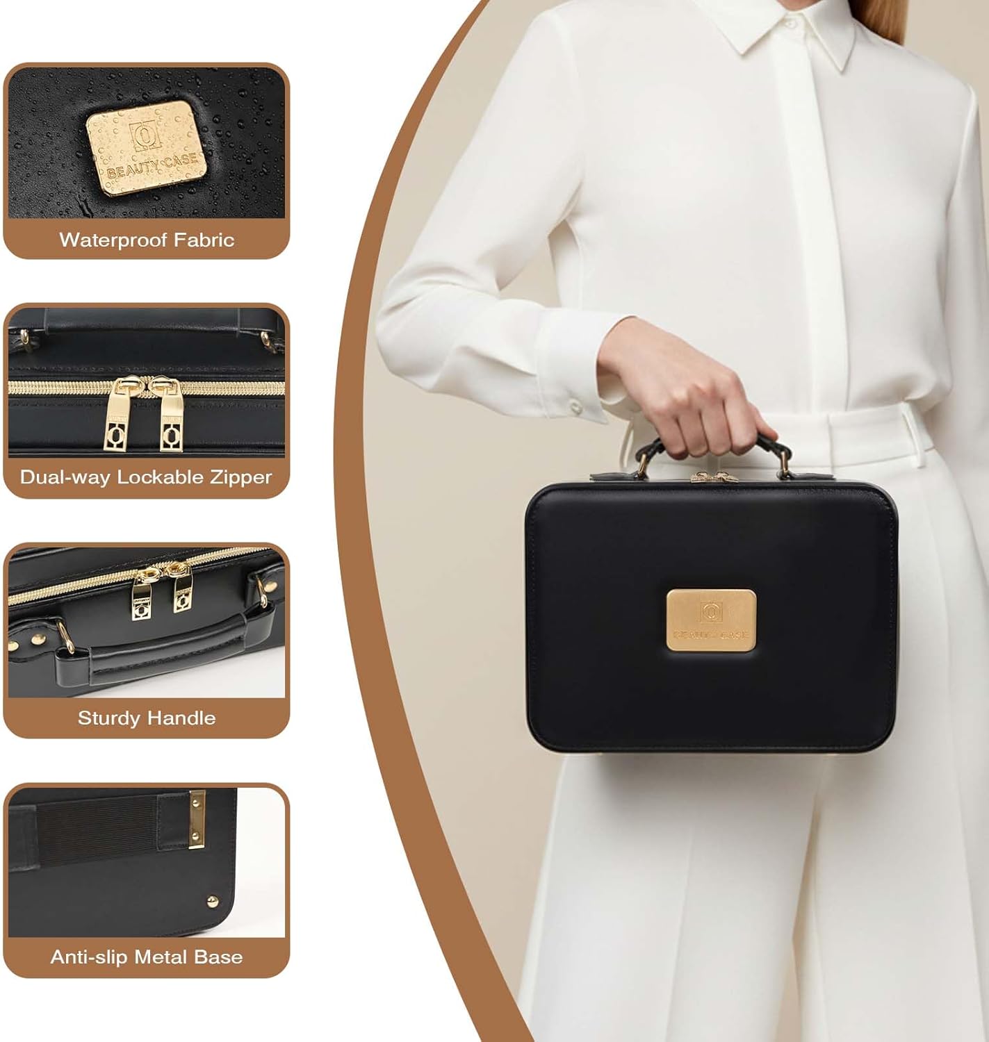 Prite Makeup Bag With LED Mirror 3 Light Modes Adjustable Brightness, Travel Cosmetic Train Case with Adjustable Dividers & Brush Holder, Portable Makeup Artist Organizer Bag for Women(Black)