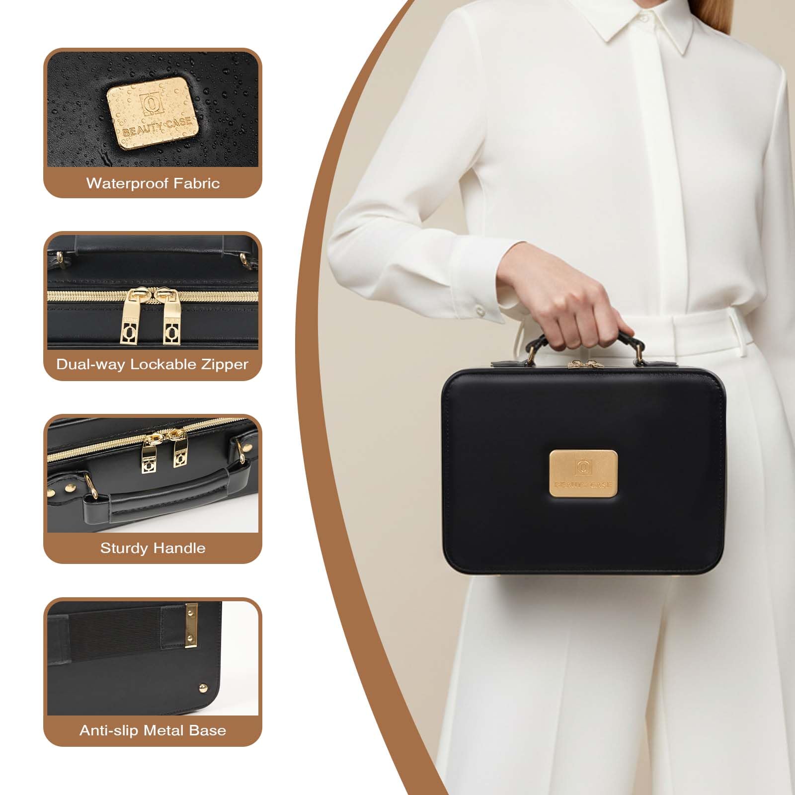 Prite Beauty case con specchio a LED, 3 modalità di illuminazione, luminosità regolabile, custodia da viaggio con divisori regolabili e porta pennelli, borsa organizer portatile per truccatori da