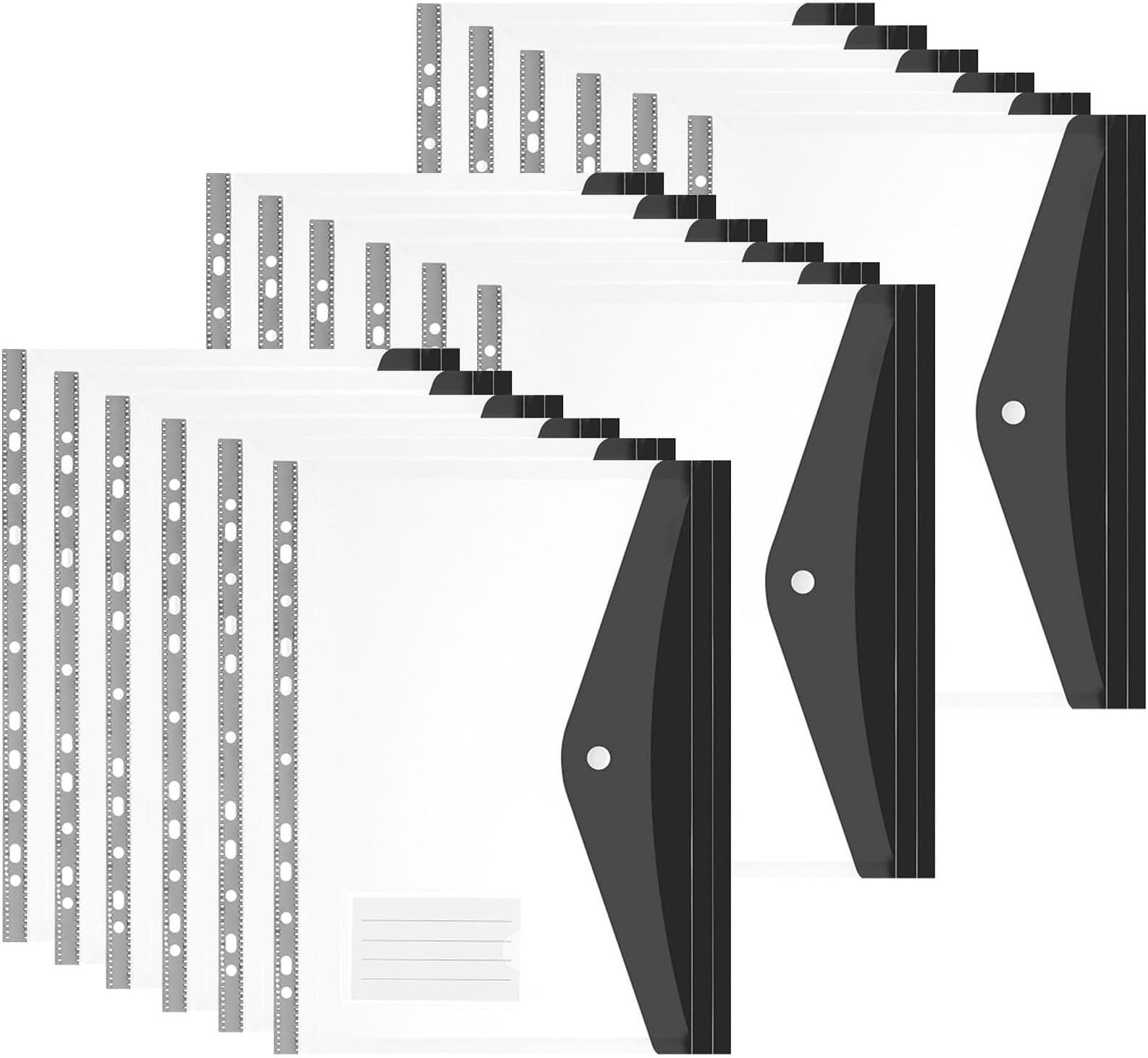 18pcs Plastic Wallets A4 Punched Pockets, 11 Holes Expandable Binder Folders for 2/3/4 Ring Document Pouch with Snap Button & Label Loose-Leaf Transparent for Office School Home (Side Open-Black)