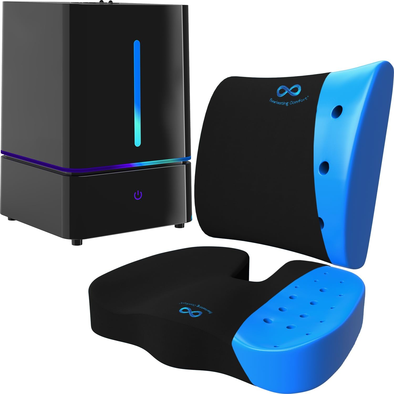 Everlasting Comfort Small Humidifier and Seat Cushion & Lumbar Support Bundle - Comfortable Support and Moist Air for Enhanced Relaxation