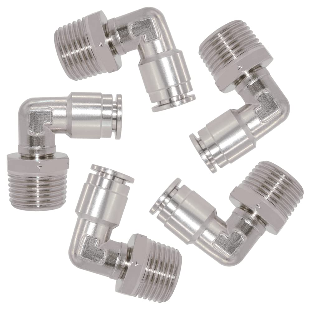 Qolekog Pneumatic Push To Connect Fittings Heavy Duty Elbow 3/8 inch Tube OD x 1/2" NPT Male Thread Nickel Plated Copper PL-3/8-N4 (5Pcs)