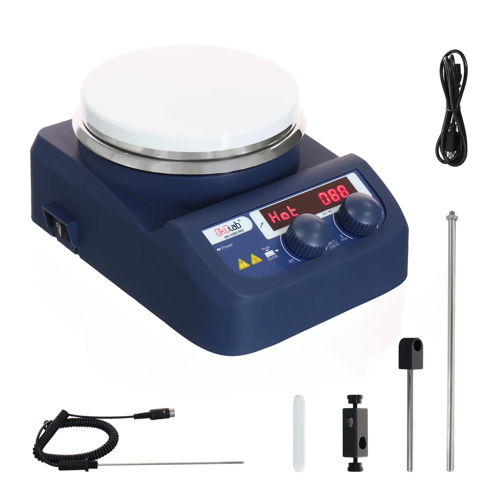 MSHP1A1 - Agitador magnético digital LED de 5 pulgadas con placa de trabajo de acero inoxidable recubierta de cerámica, 200-1500 rpm, 110 V, sensor de sonda de temperatura y soporte y barra de