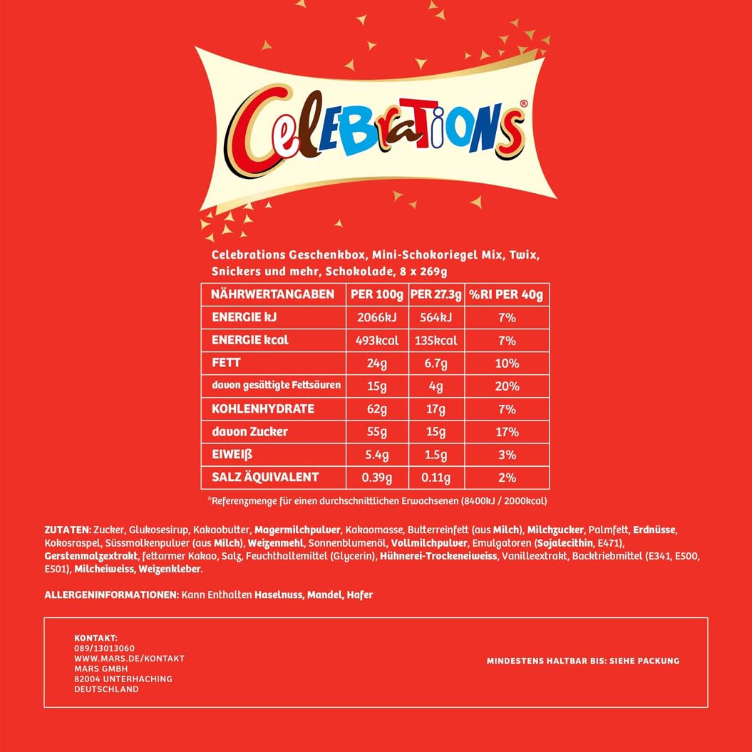 Celebrations Schokolade Großpackung 8x269g, Mit Mini-Schokoriegel Snacks (Maltesers, Galaxy, Snickers & mehr), Schokoladen Geschenk Idee mit Mini Schoko Pralinen, Süßigkeiten Box (2152g)