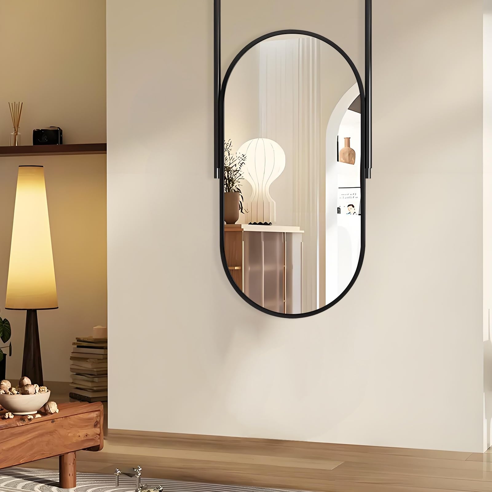 FGXHHS Ceiling Hanging Mirror for Bathroom Washroom Shaving Vanity Mounted with Black Metal Frame and Boom (Boom Can be Customized), Oval Shape(40cmx70cm)