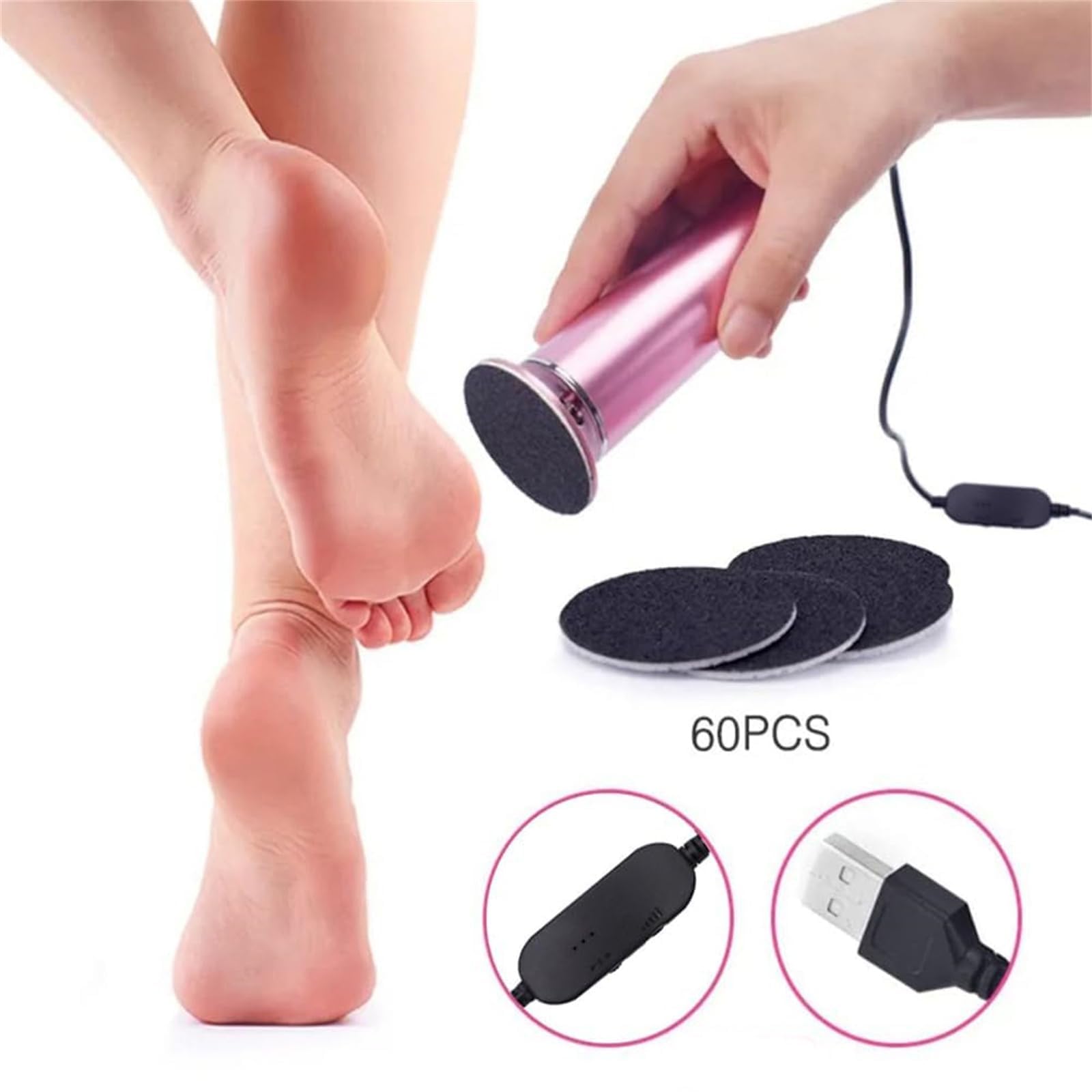 Removedor eléctrico de callos para pies, removedor de callos en los pies, removedor de callos en los pies, removedor de callos eléctrico portátil, varita suave con 60 almohadillas de lijado, rosa