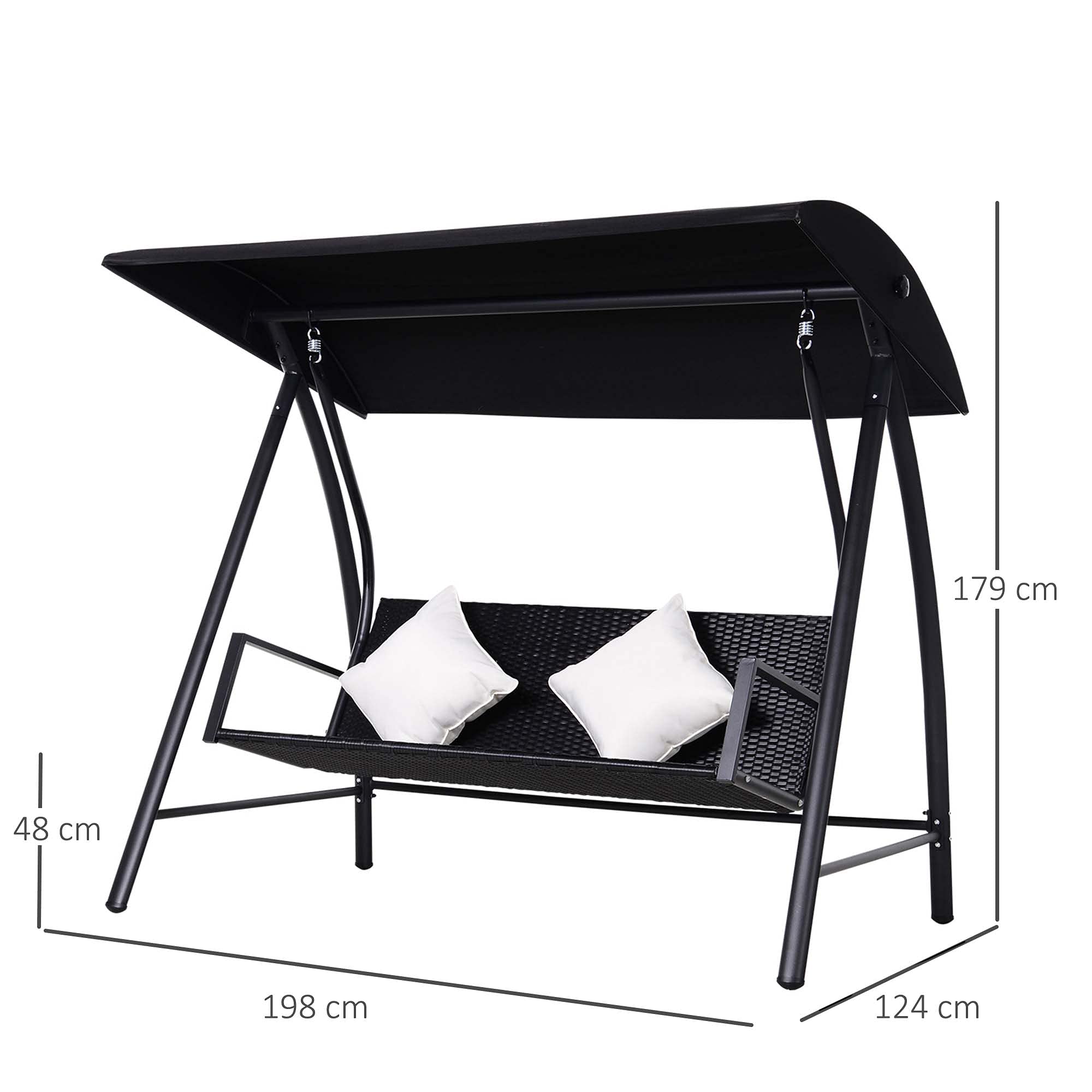 Outsunny Dondolo Polyrattan da Giardino a 3 posti, 2 Cuscini e Baldacchino Ferro Verniciato a Polvere Tetto Idrorepellente Cuscini Sfoderabili 198x124x179cm 360kg