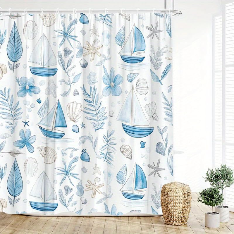 Rideau de douche côtier aquarelle bleu et beige, textile haut de gamme 120x182 cm