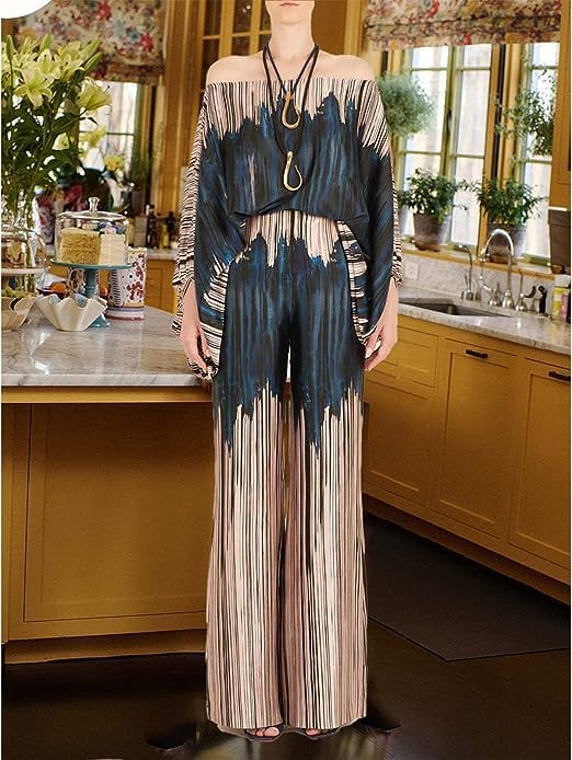 Womens Fall Loose 2 Piece Outfits Off Shoulder Printed Long Sleeve Casual Going Out Wide Leg Pants Set - Image 3