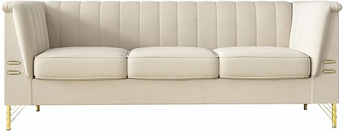 Miniatura 32 de Sofá de terciopelo verde de 83.46 pulgadas de ancho con patas metálicas doradas, sofá tapizado de brazo alto de 3 plazas para sala de estar,